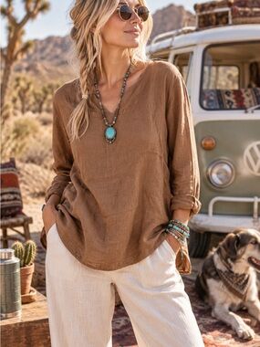 Relaxed V-Neck Linen Blouse in Brown